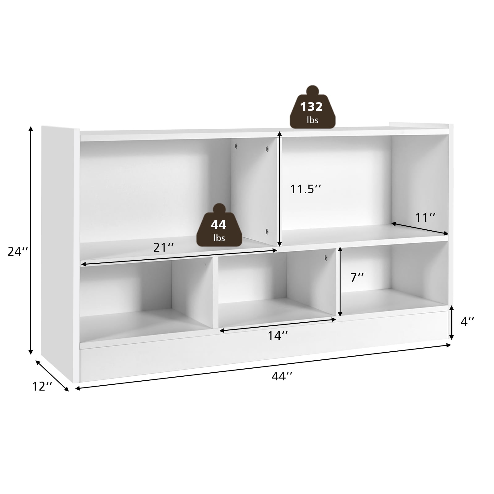 Infans Kids 2-Shelf Bookcase 5-Cube Wood Toy Storage Cabinet Organizer White