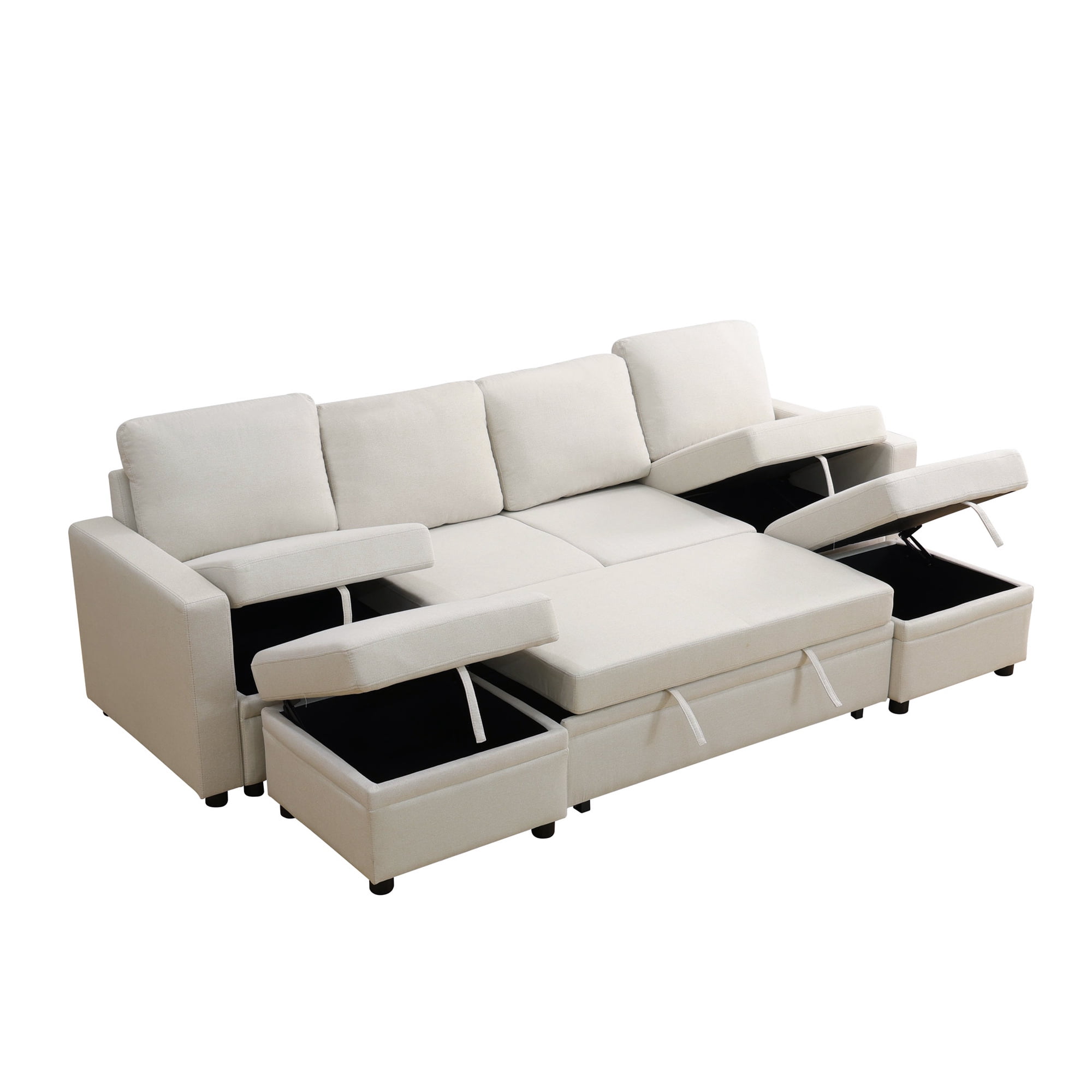 Aukfa 6-Seater Sectional Sofa Modular Couch with Storage Seat&Pull Out Bed for Living Room, Linen, Beige