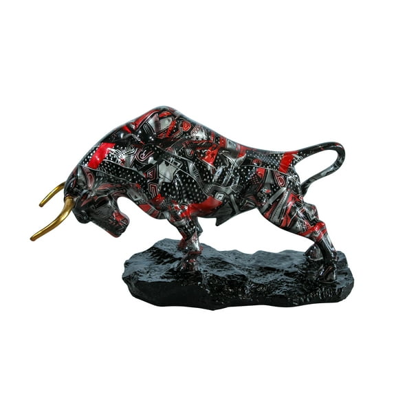 Modern Red Black Resin Bull Statue with Abstract Street Art   14" x 4" x 9"H