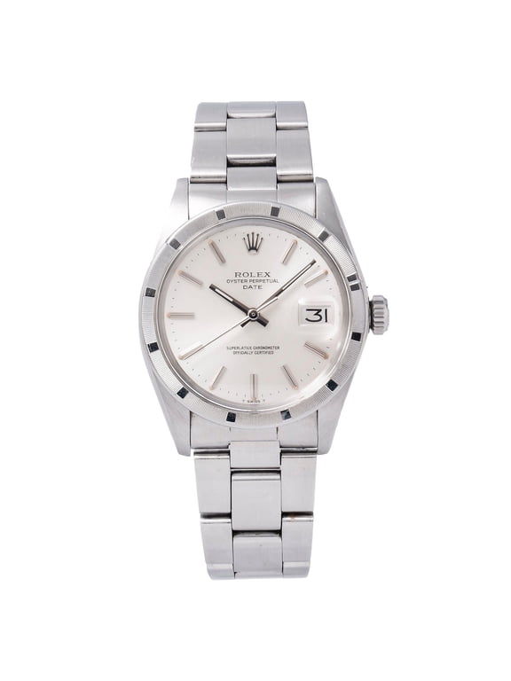 Pre-Owned Rolex Date 34MM 1501 Silver Dial Engine Turned Bezel Stainless Steel Oyster Bracelet