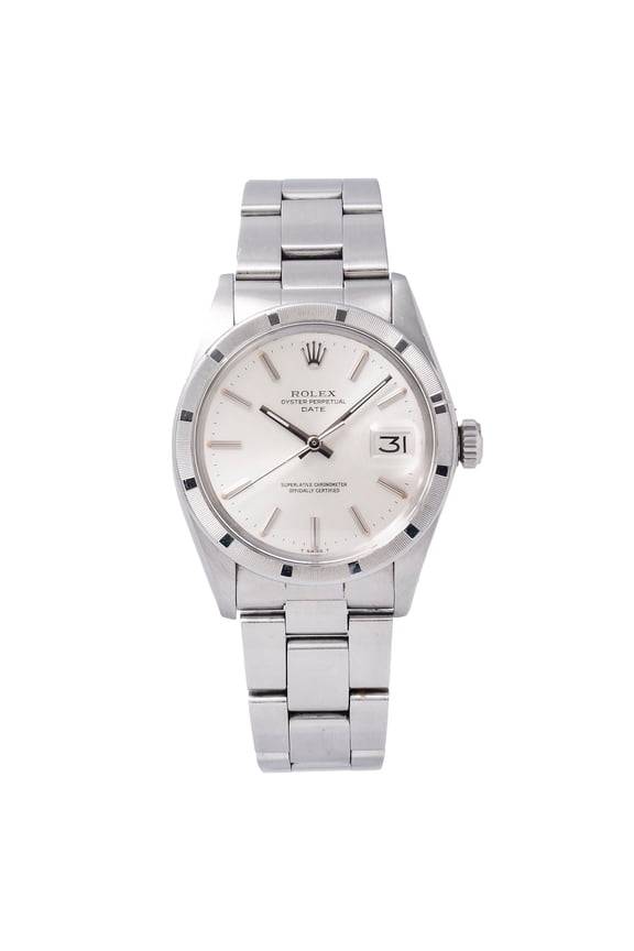 Pre-Owned Rolex Date 34MM 1501 Silver Dial Engine Turned Bezel Stainless Steel Oyster Bracelet