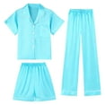thumbnail image 5 of Girls Silk Pajamas Set Satin Cute Cozy Soft Solid Color Button-Down Short Sleeves Lapel Loungewear 3 Piece Pjs Shorts + Trousers Set Nightwear Christmas Gifts for Kids, 5 of 5