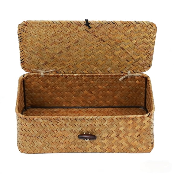 Wicker Shelf Basket with Lid, Premium Natural Seagrass Wicker Storage Basket, Handwoven Rectangular Organizer Bin for Shelves, Closets & Home Organizer Decor