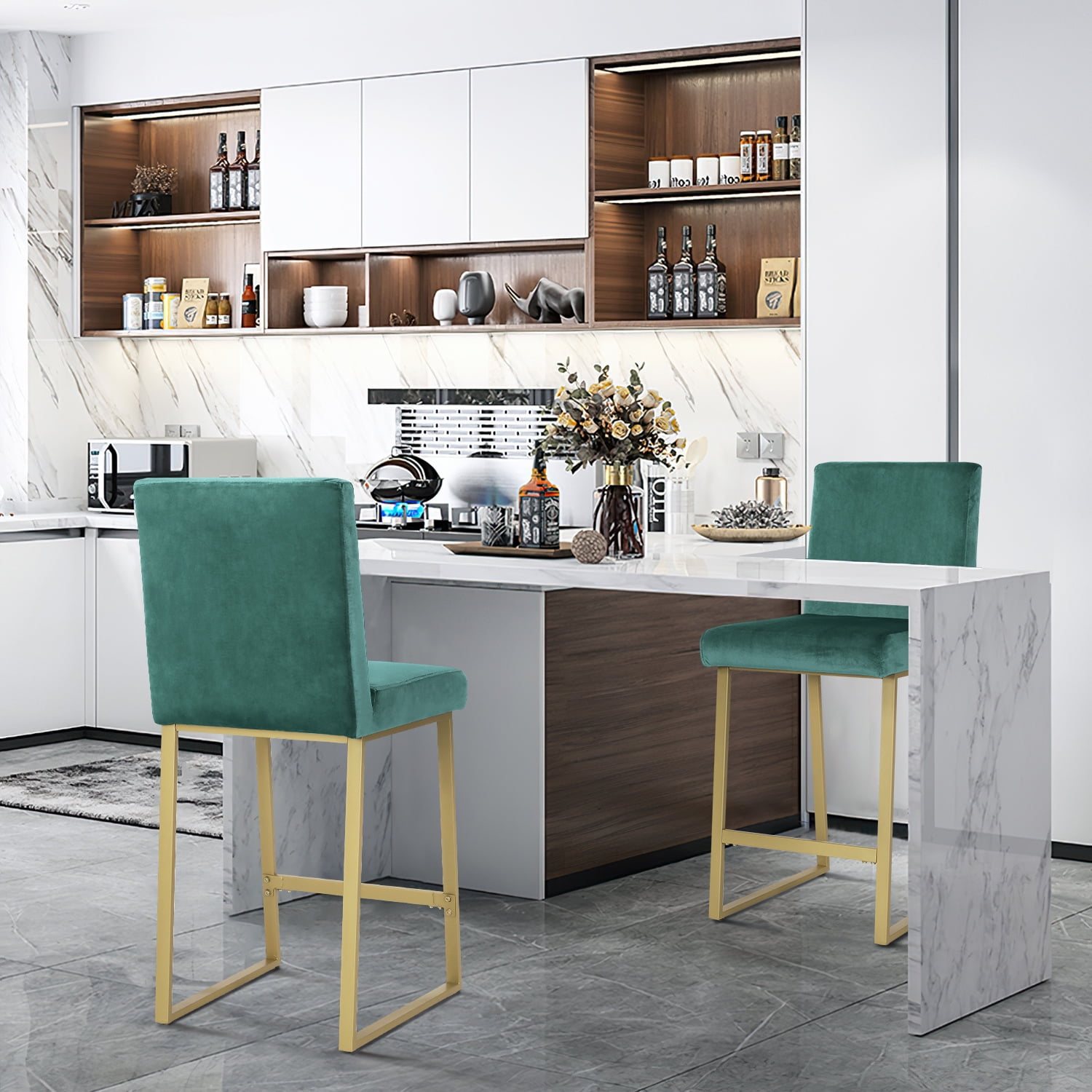 Kadyn 2pcs Upholstered Back Counter Height Barstool, Modern Dinner Chairs with Iron Chair Leg, Kitchen Pub Chair for Dining Room, Turquoise Kadyn 2pcs Upholstered Back Counter Height Barstool, Modern Dinner Chairs with Iron Chair Leg, Kitchen Pub Chair for Dining Room, Turquoise