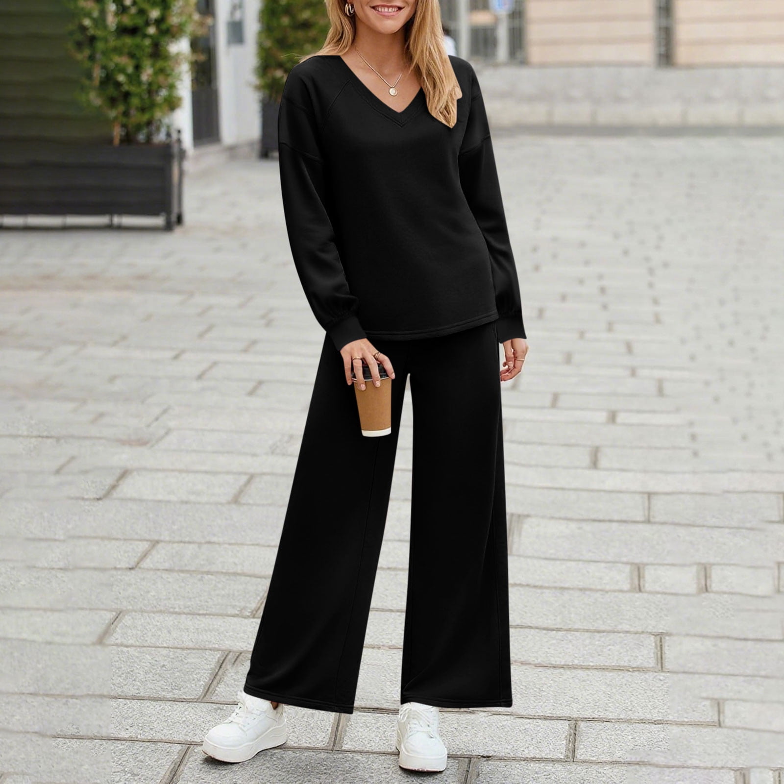 HUJlwoi Workout Sets for Women Fall Winter 2 Piece Outfits V Neck