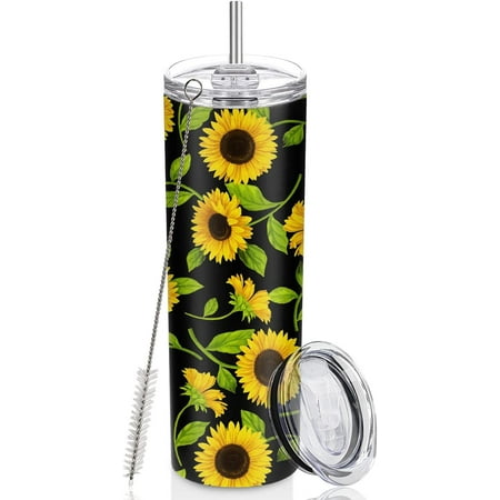 

Triple-Insulated Stainless Steel Tumbler Sunflower Floral Art 20oz Cups with Lid Straw Brush