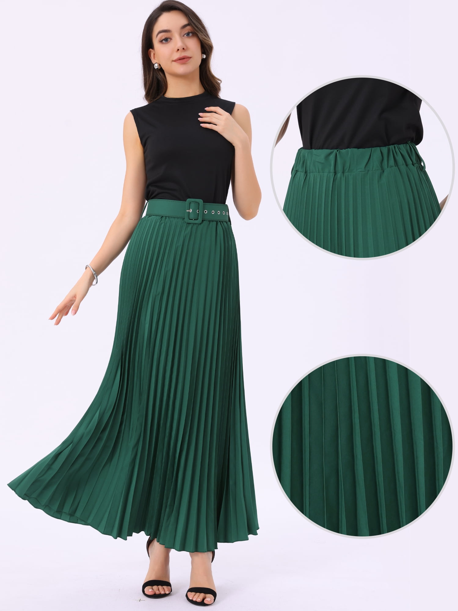 DARING DIVA Women's Elegnat Elastic High Waist Flowy A-Line Maxi Skirt 3XL Dark Green