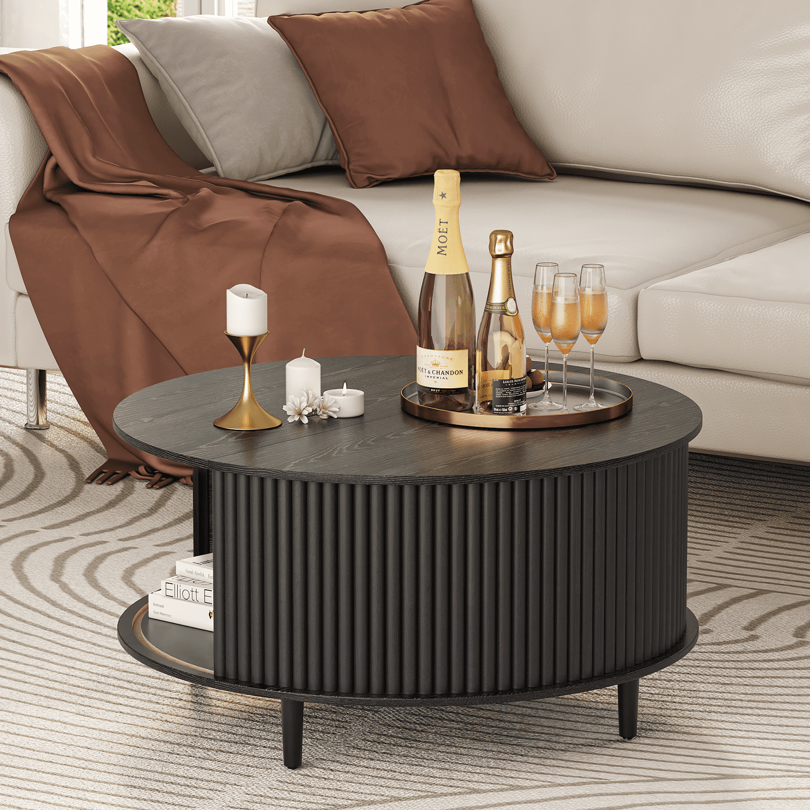 JOINICE Round Coffee Table with Hidden Compartment and Open Storage Shelf,Waveform Panel Sofa Table for Living Room,Black