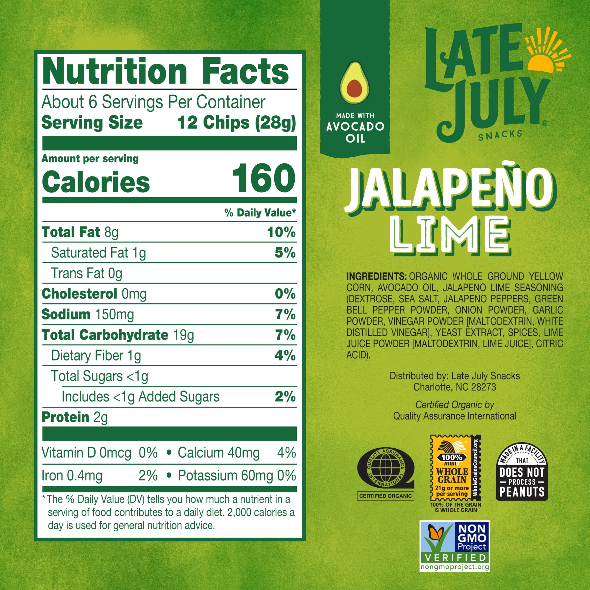 LATE JULY Snacks Jalapeno Lime Tortilla Chips, 6 oz Bag