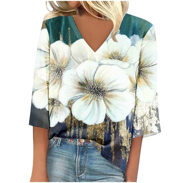 Fiudx Ofertas Flash Del Día Camiseta Holgada Informal de Manga Media Estampada a La Moda para Mujer con Cuello En V