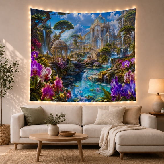 Fantasy Castle with Waterfalls in Mountain Valley, Dreamy Magical Digital Art for Fantasy Art Lovers, Mystical Room Decor Housewarming Gift Tapestry Wall Hanging for Living Room, Bedroom and Dorm