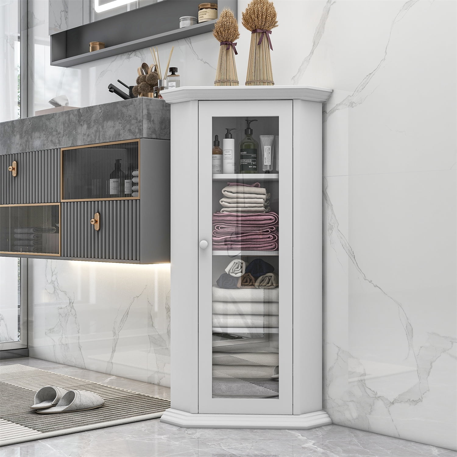 Freestanding Bathroom Cabinet with Glass Door, Wooden Floor Storage ...