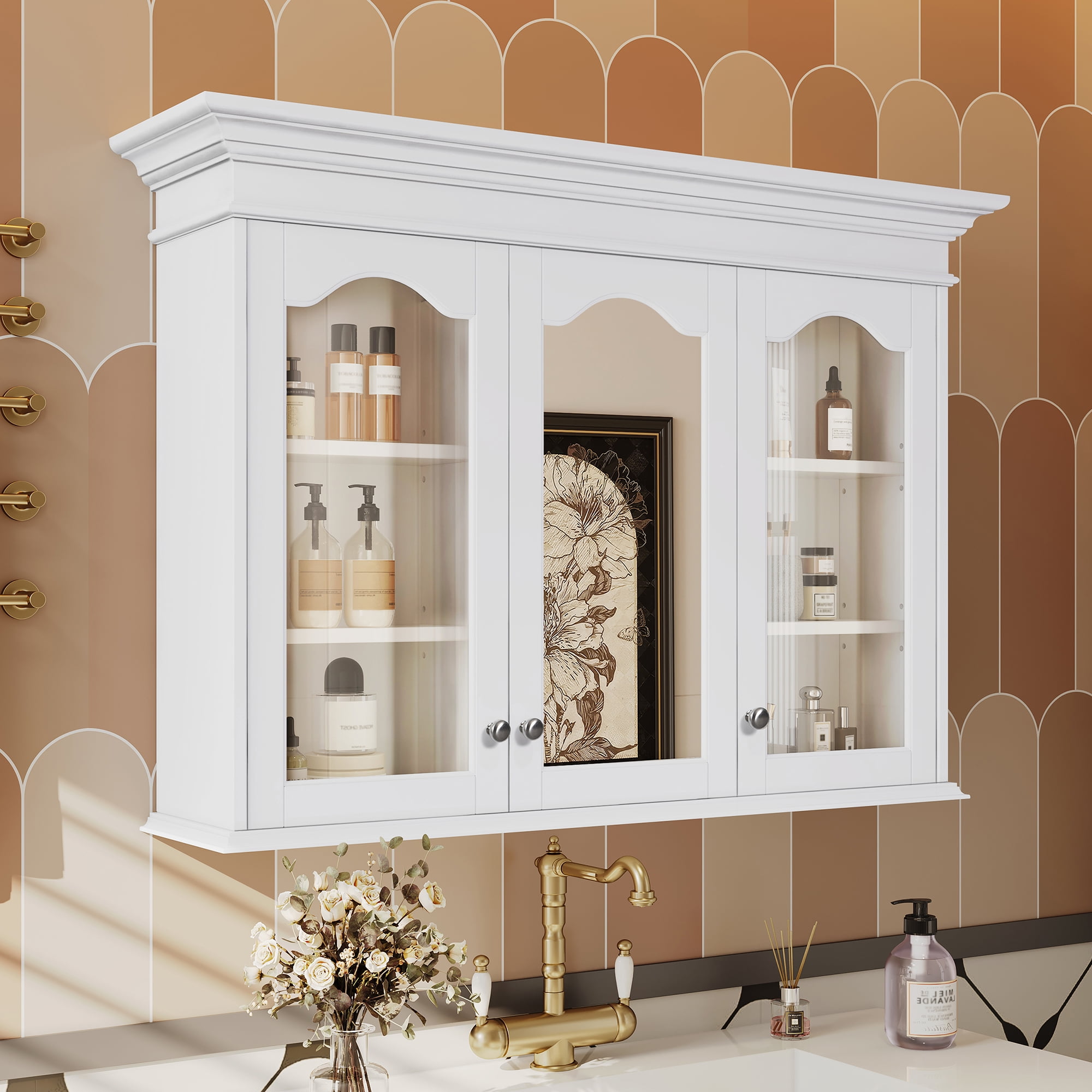 Euroco 40" Medicine Cabinet with Mirror, Bathroom Storage Cabinet with Mirror Door and Shelves, Wall Mounted Bathroom Cabinet with Glass Doors