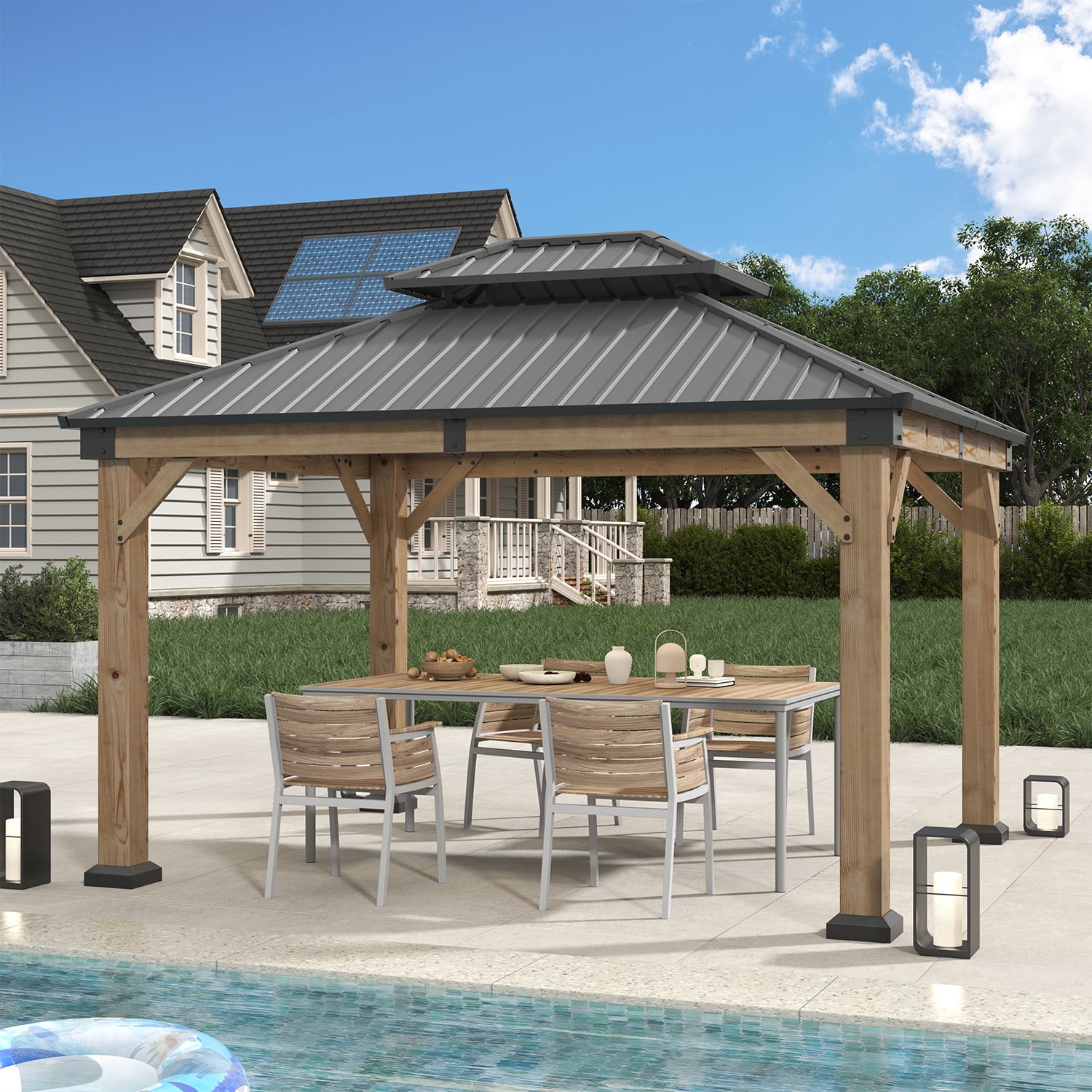 BaPiPro 12x10FT Double Roof Wooden Hardtop Gazebo, Natural Wood Finish, for Patio, Garden and Backyard