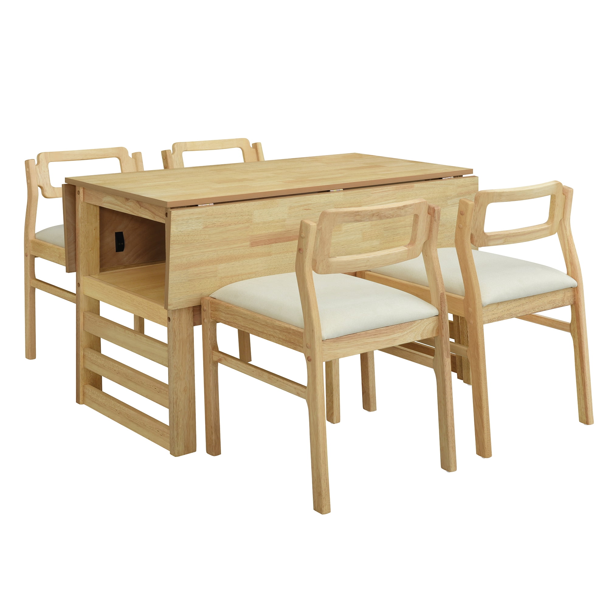 EUROCO Extendable Dining Table Set for 4, 5-Piece 47.2" Solid Wood Foldable Table with 2 11.8" Drop Leaves,Storage Shelf and 4 Upholstered Chairs, Square Kitchen Table Set for Small Space,Natural