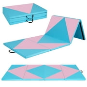 Gymax Gymnastics Gym Mat 4-Panel Folding Lightweight Gymnastics Tumbling Mat w/ Hook Blue & Pink