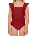 thumbnail image 2 of Girls 1 Piece Swimsuit, Ruffle Sleeve Ruched Monokini, Solid Color Square Neck Swimwear for Kids, Beach, 2 of 4