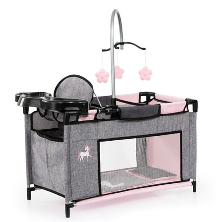 Bayer Design Dolls: Multi-Bed - Grey, Pink, Fairy - Playpen Accessory For Dolls Up To 18", Built-In Highchair & Mobile, Pillow & Blanket, Kids Age 3 