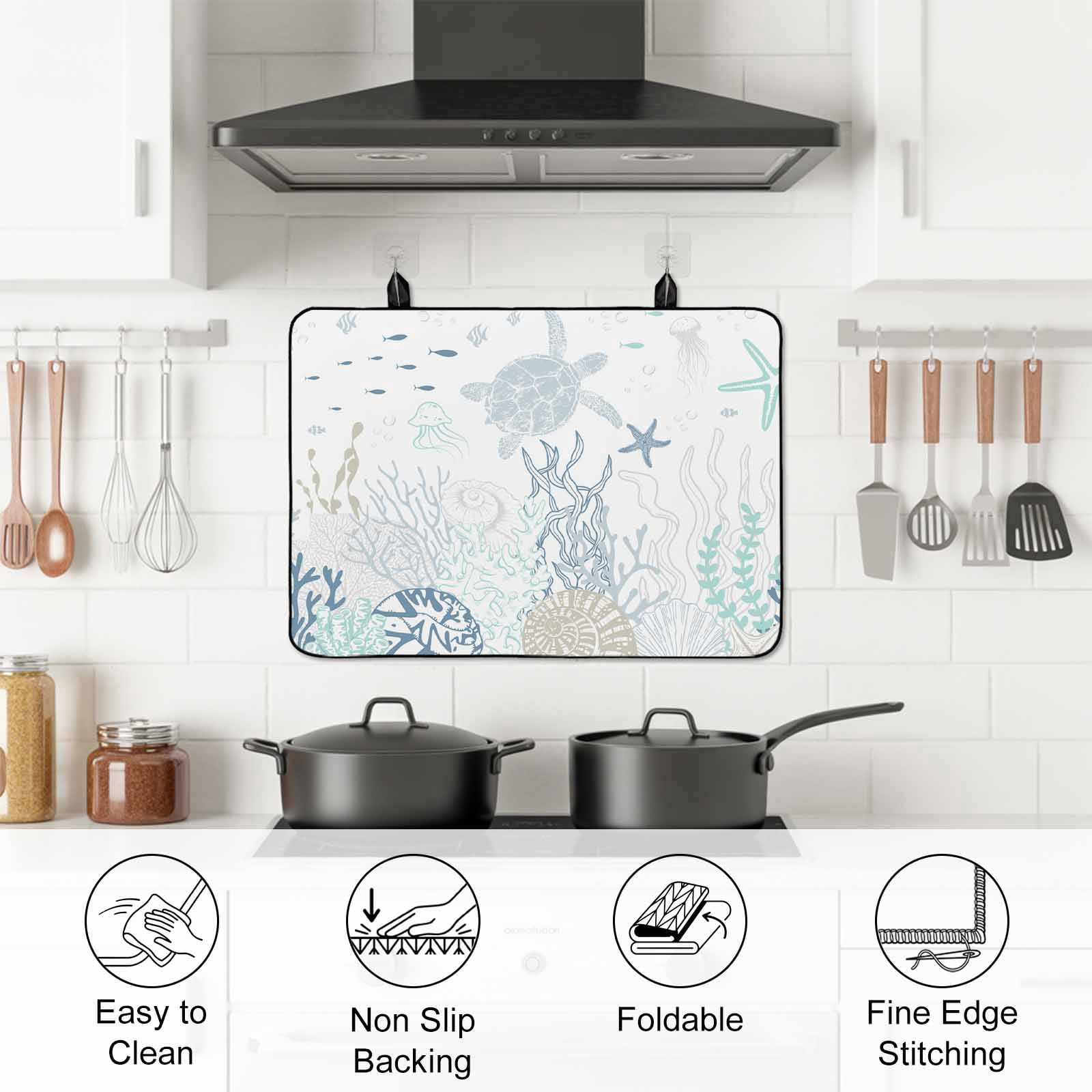 Coastal Stove Top Cover for Electric Stove, Heat-proof & Non Slip Glass Top Stove Cover Protector, Turquoise Blue Turtle Starfish Coral Jellyfish Kitchen Flat Cooktop Rubber Mat 24x21 Inches