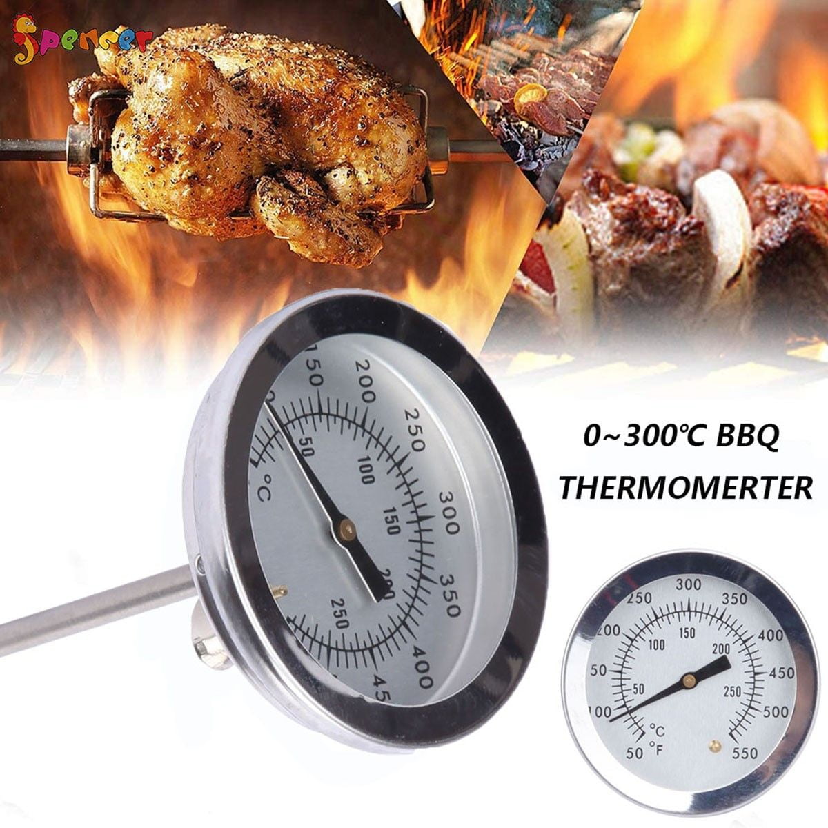 Spencer 0300℃ BBQ Smoker Grill Stainless Steel Barbecue Thermometer Temperature Gauge Cooking