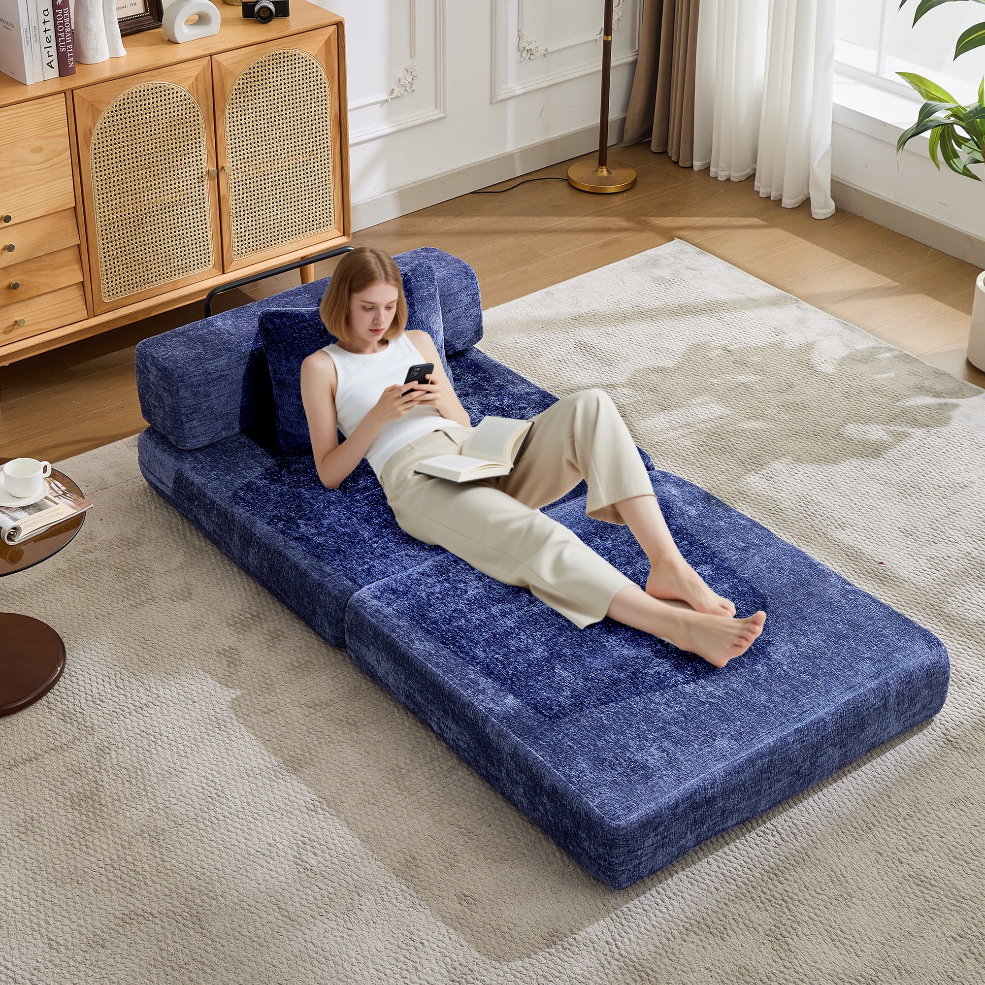 Miniyam Folding Sofa Bed, Convertible Sleeper Chair with Pillow Foldable Mattress with Back Support, Blue