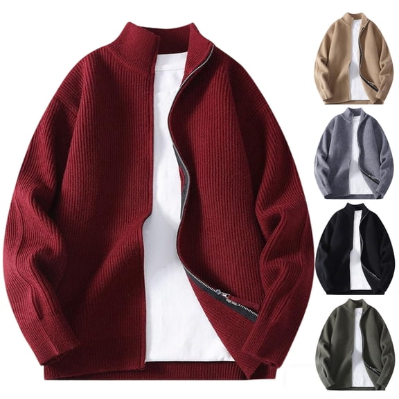 FRSASU Men's Cardigan Sweaters Full Zip up Stand Collar Slim Fit Casual Ribbed Knitted Sweater Wine