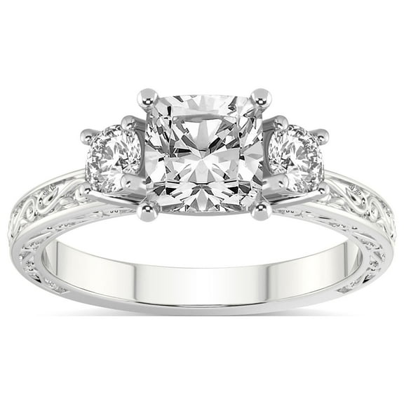 IGI Certified 2 Carat Cushion Shape Lab Grown Diamond Engagement Ring | 14K White Gold | Valencia Three Stone Vintage Diamond Ring | FG-VS1-VS2 Quality Friendly Diamonds