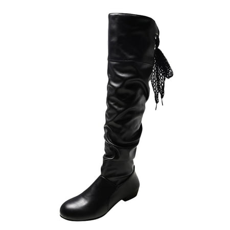 PLLFRLRT Leather Knee High Boots For Women Renaissance Shoes Slip On Renaissance Boots Medieval Boots Black Long Boots Flat Gothic Jazz Boots(Black 9)