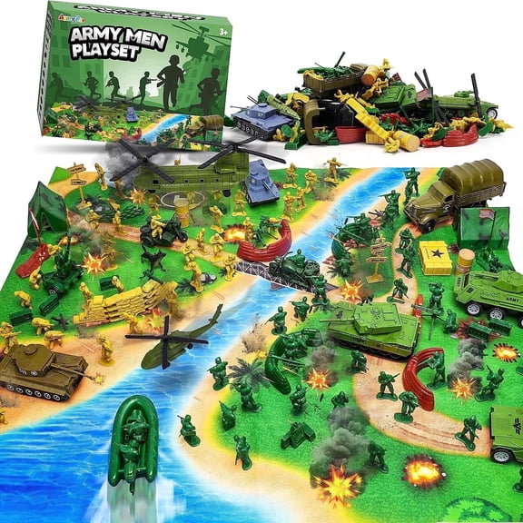 AuntyFey Army Men Military Toys Playset with Mat, Toy Soldiers for 3  Boys with Plastic Army Men Action Figures
