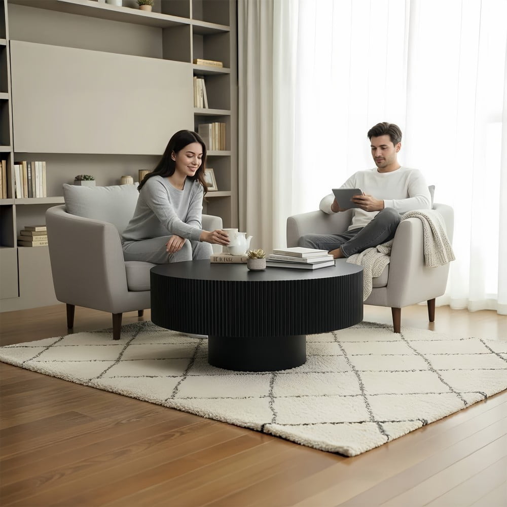 Round Fluted Coffee Table, Modern Pedestal Coffee Table for Living Room, Mid Century Modern Side Table, Small Space Accent Table, Black