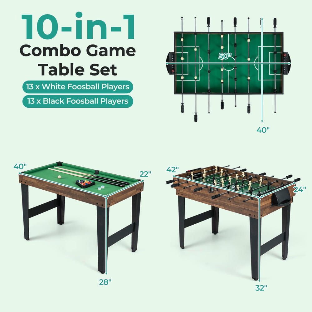 Resenkos 10-in-1 Multi-Game Table Set with Foosball, 50 Inch - Brown