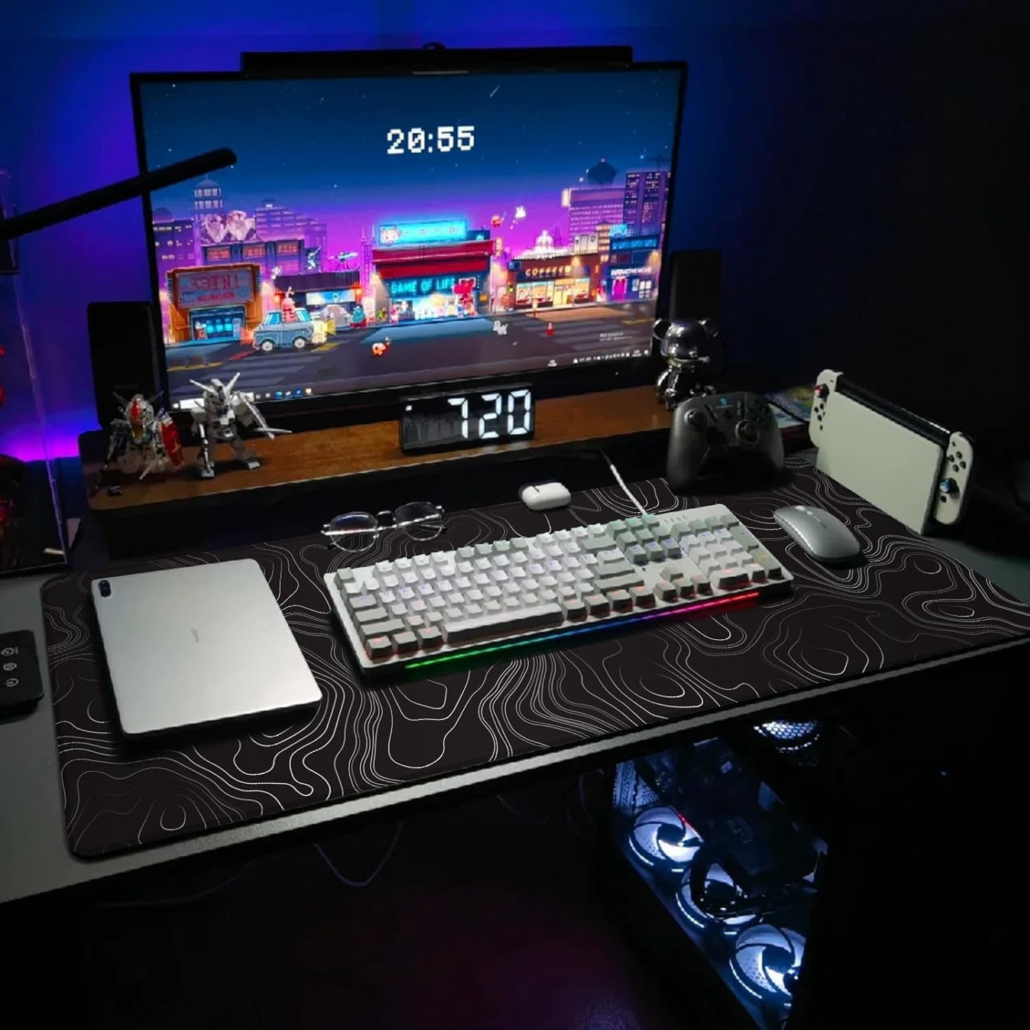 Topographic Map Large Mouse Pad XL Gaming Mouse Pad Extended Geographic Mousepad with Stitched Edges Keyboard Mouse Mat 3mm for Home Office 31.5 x 11.8 Inch, Black Map