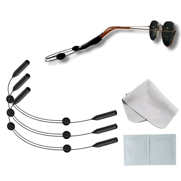 AKAM - Juego de 3 correas para lentes, correa ajustable para lentes de sol, sujetador de lentes, 1 paño reutilizable para lentes y 2 toallitas húmedas desechables, retenedores de lentes