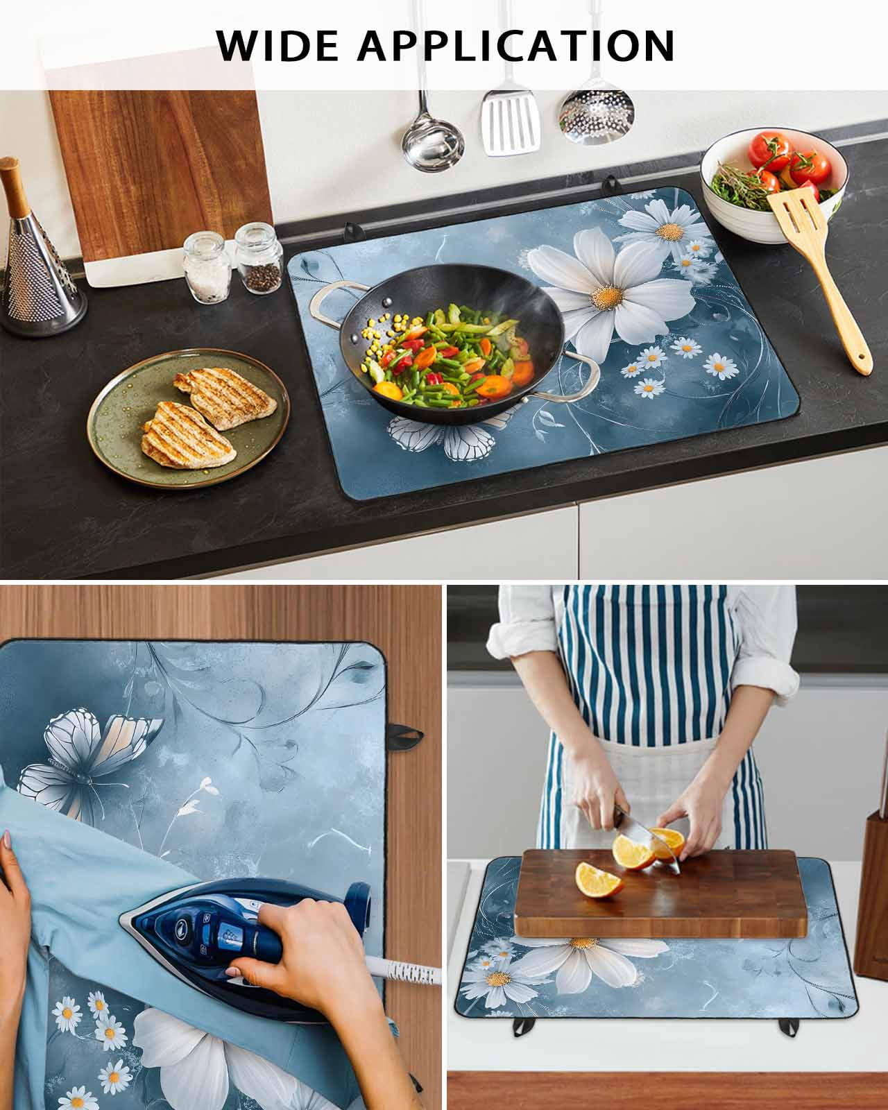 nqOlkjepod Large Induction Cooktop Protector Mat 24"x21", White Daisy Floral Stove Top Covers for Electric Stove, Farmhouse Pastoral Botanical Stove Burner Cover Mats, Glass Top Stove Cover