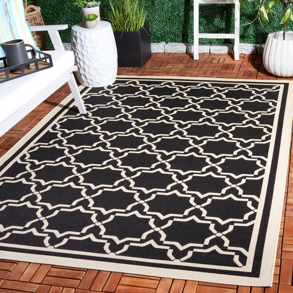SAFAVIEH Courtyard Allison Oriental Indoor/Outdoor Area Rug, Black/Beige, 5'3" x 7'7"
