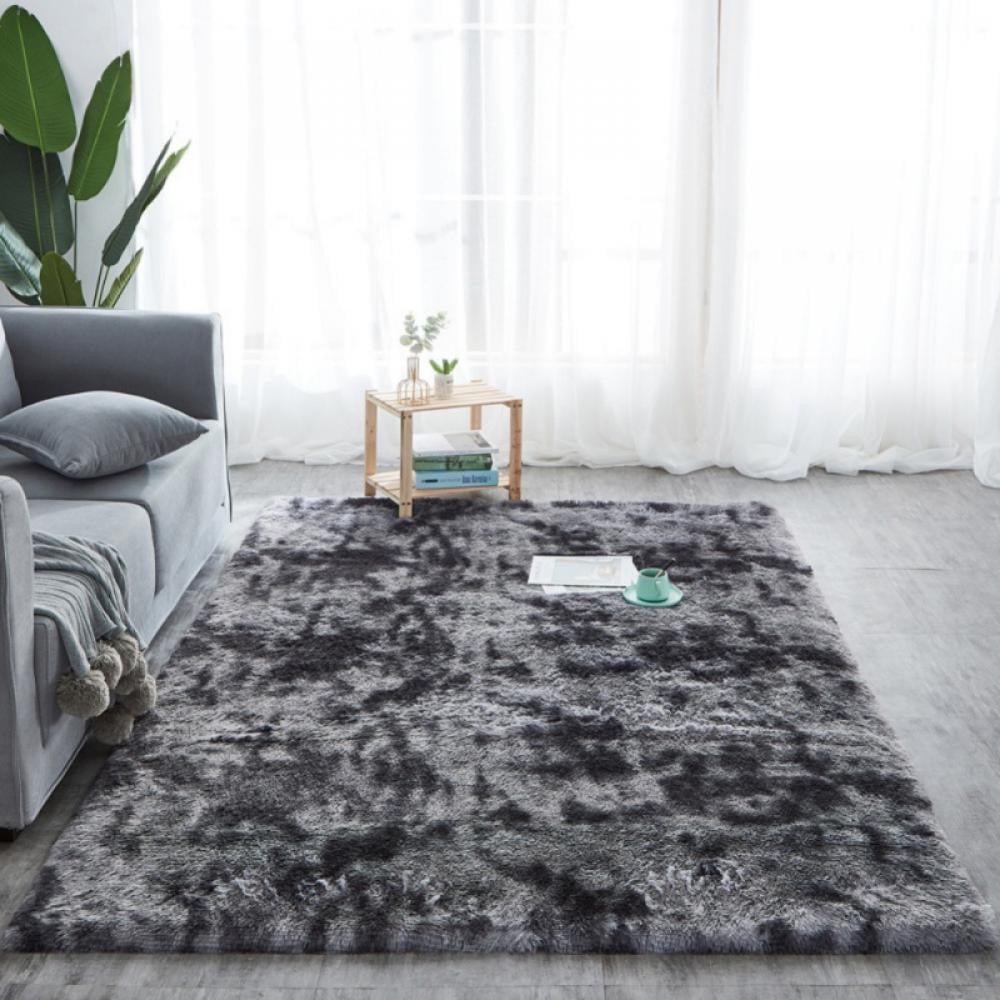 Black Grey Kids Room 5x8 Area Rugs Ultra Soft Fluffy Area Rug for Living Room Girls Room Baby Room Luxury Shag Rug Faux Fur Non-Slip Tie-Dyed Floor Carpet for Bedroom and Nursery 