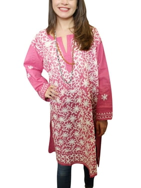 Mogul Women's Pink Embroidered Cotton Long Tunic Dress XL