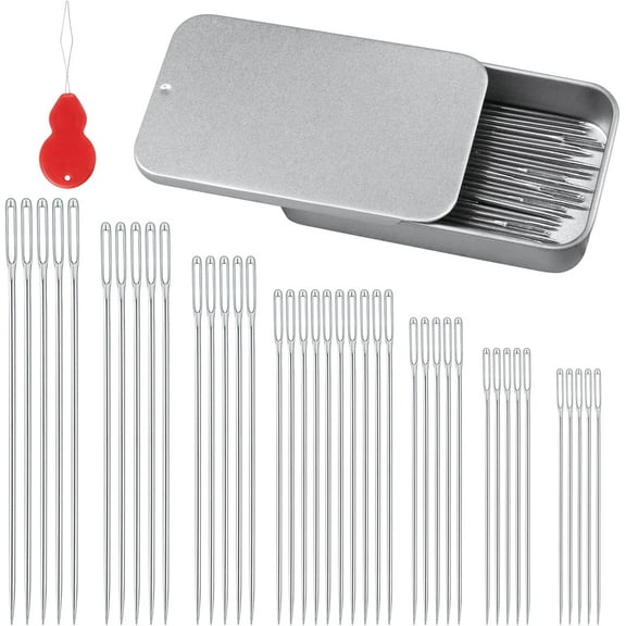 Rongsi 80/40 PCS Large Eye Sewing Needles, 7 Sizes Sewing Sharp Needles, Leather Needle Embroidery Thread Needle, Stainless Steel Yarn Knitting Needles with Threaders for Handsewing Art Crafts