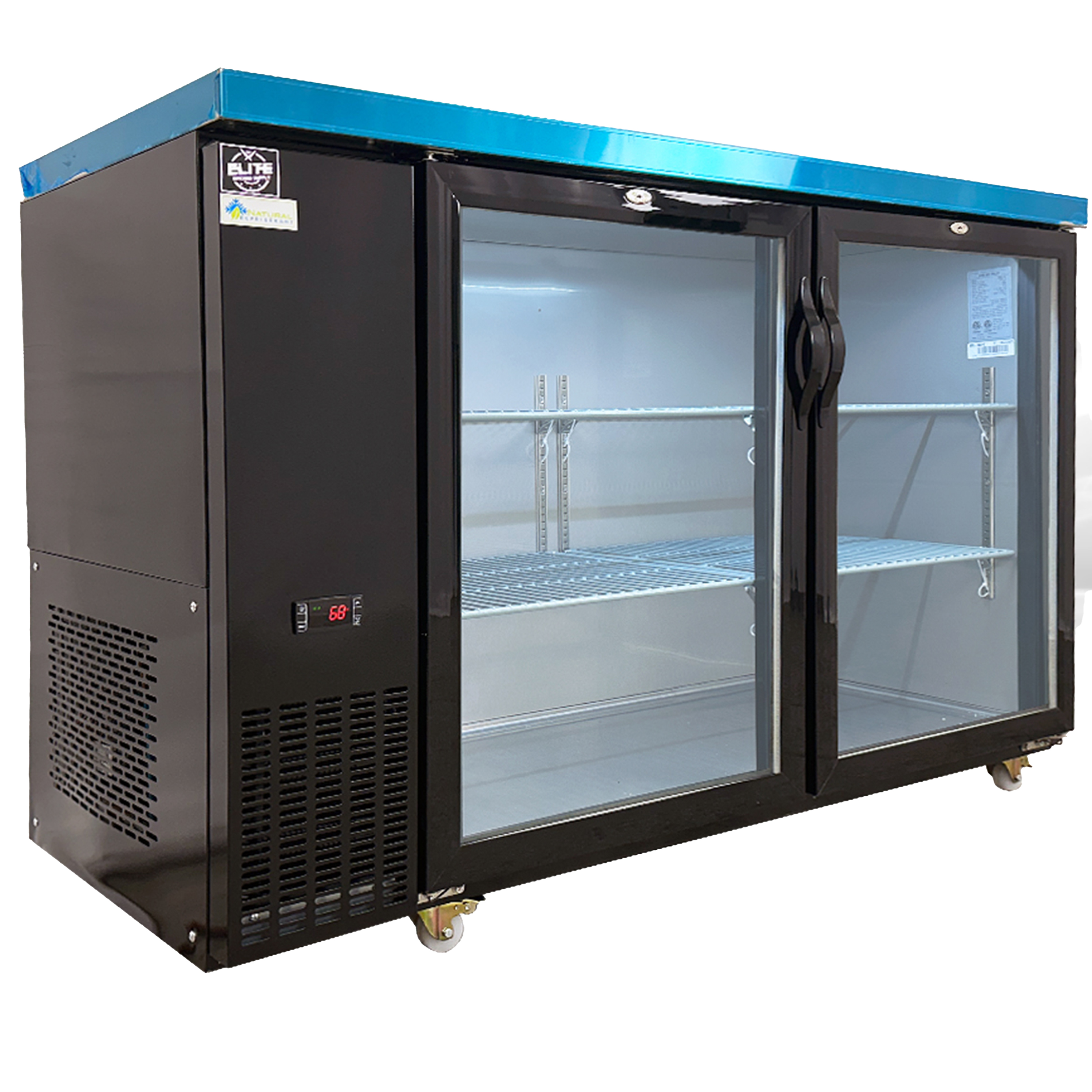 Back Bar Cooler, 57” Double Glass Door Beverage Refrigerator, 16 cu.ft., Stainless Interior, R290 Eco Refrigerant, 115V/60Hz