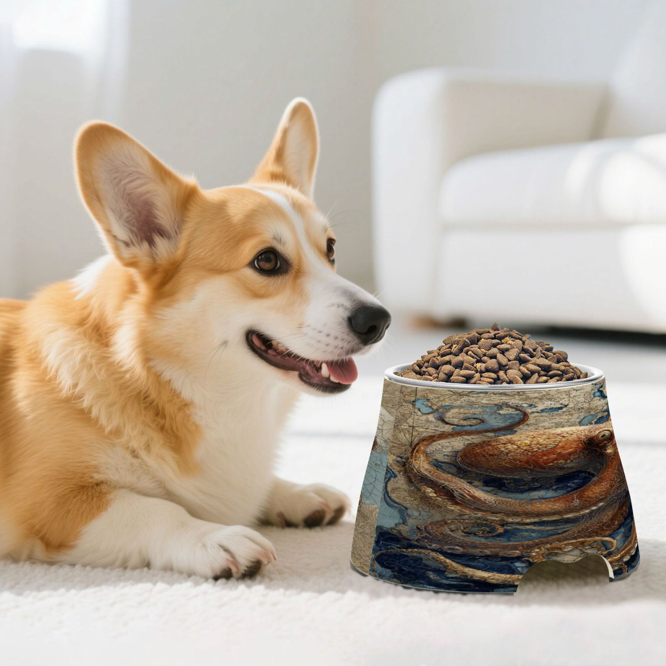 Raised Pet Bowl with Removable Stainless Steel Insert Anti-Slip No-Tip Dog Bowl for Small to Medium Pets Deep Sea Octopus