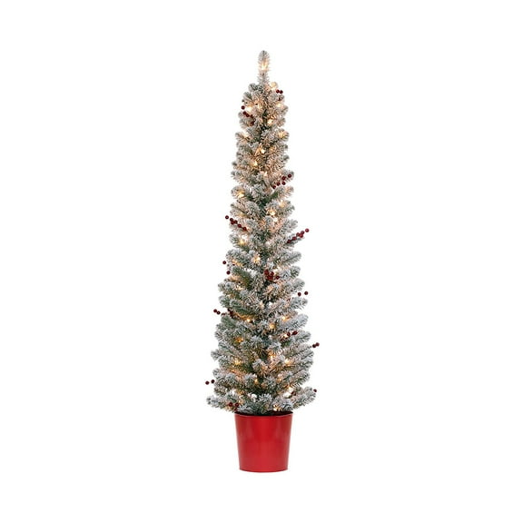 Haute Decor 5' Pre Lit Berry Potted Slim Christmas Tree w/ 70 Clear Lights