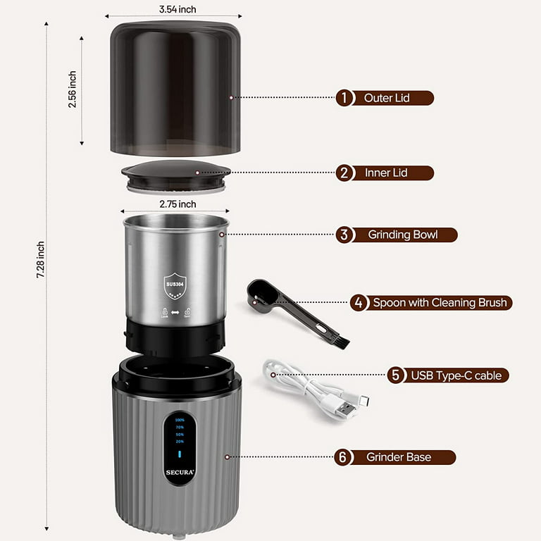 Secura Electric Coffee Grinder and Spice Grinder with 2 Stainless Steel  Blades Removable Bowls
