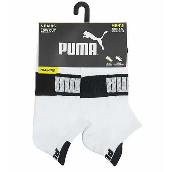 PUMA SOCKS MEN'S - LOW CUT - EDGE 243 - WHITE BLACK 2 - LARGE (10-13) PACK 6 XX