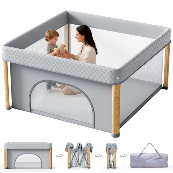 PRVAETU 59"x59"x27" One Step Foldable Baby Playpen for Newborn and Toddlers, Portable Folding Play Yard with Storage Bag for Babies Boys Girls,Grey