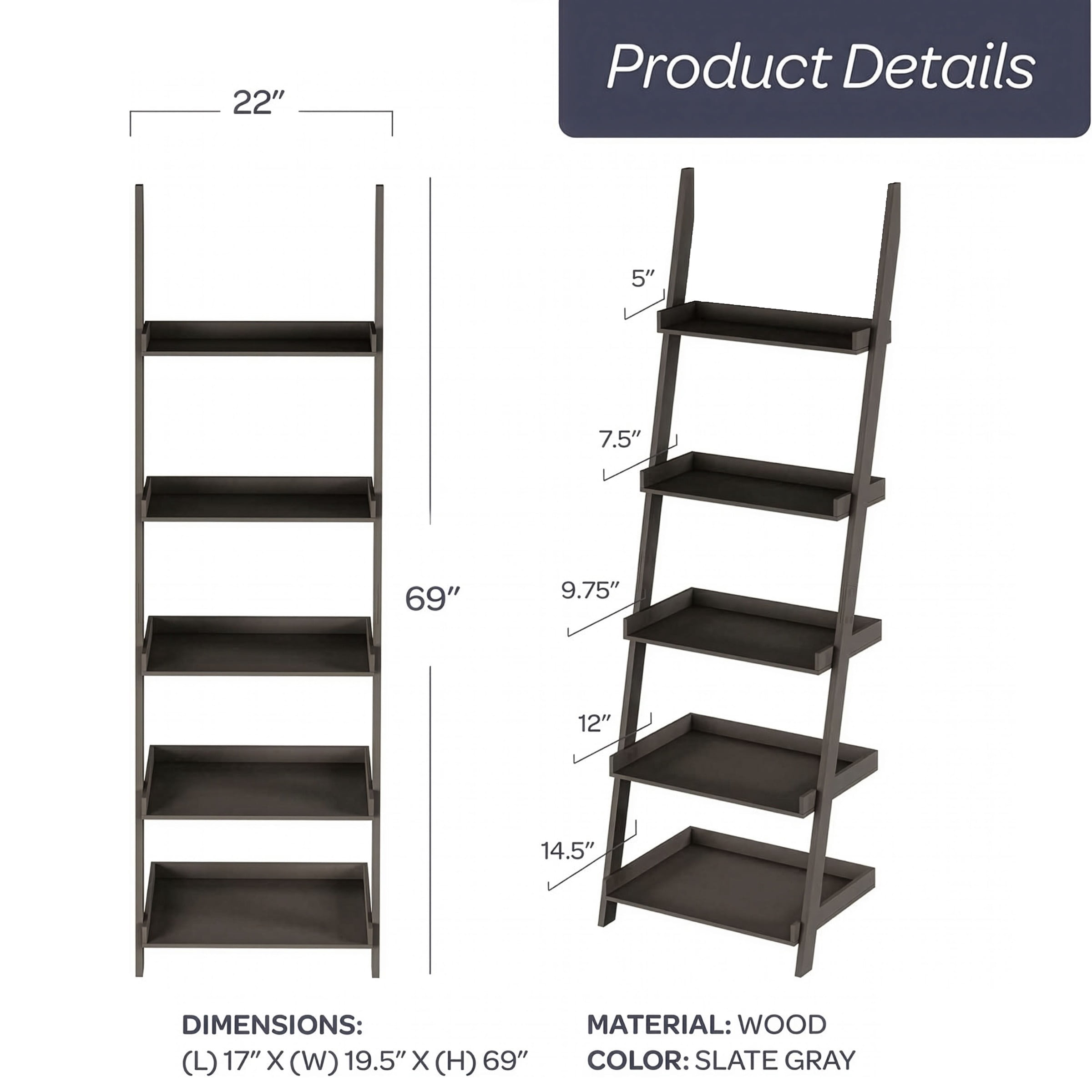 Lavish Home Bookshelf 5-Tier Ladder Shelf with Leaning Look, Bookcase for Home Decor and Office Storage, Gray