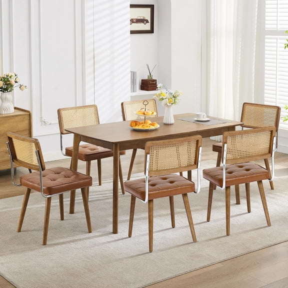 Natural Rattan Dining Chairs Set of 4, Mid Century Kitchen Chairs with PU Upholstered Seat, Modern Boho Dining Chairs with Sturdy Wooden Legs, Ideal for Living Room, Restaurant, Coffee Bar, Brown