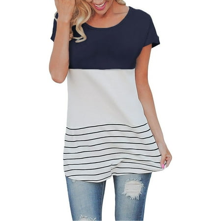Stroker Short Block - Back Lace Women Short Sleeve Color Block Striped T-shirts