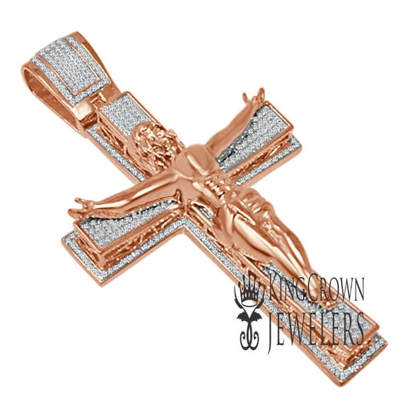 Mens Big XL 3.5'' Real Rose Sterling Silver Jesus Crucifix Cross Charm Simulated Diamond Custom Pendent