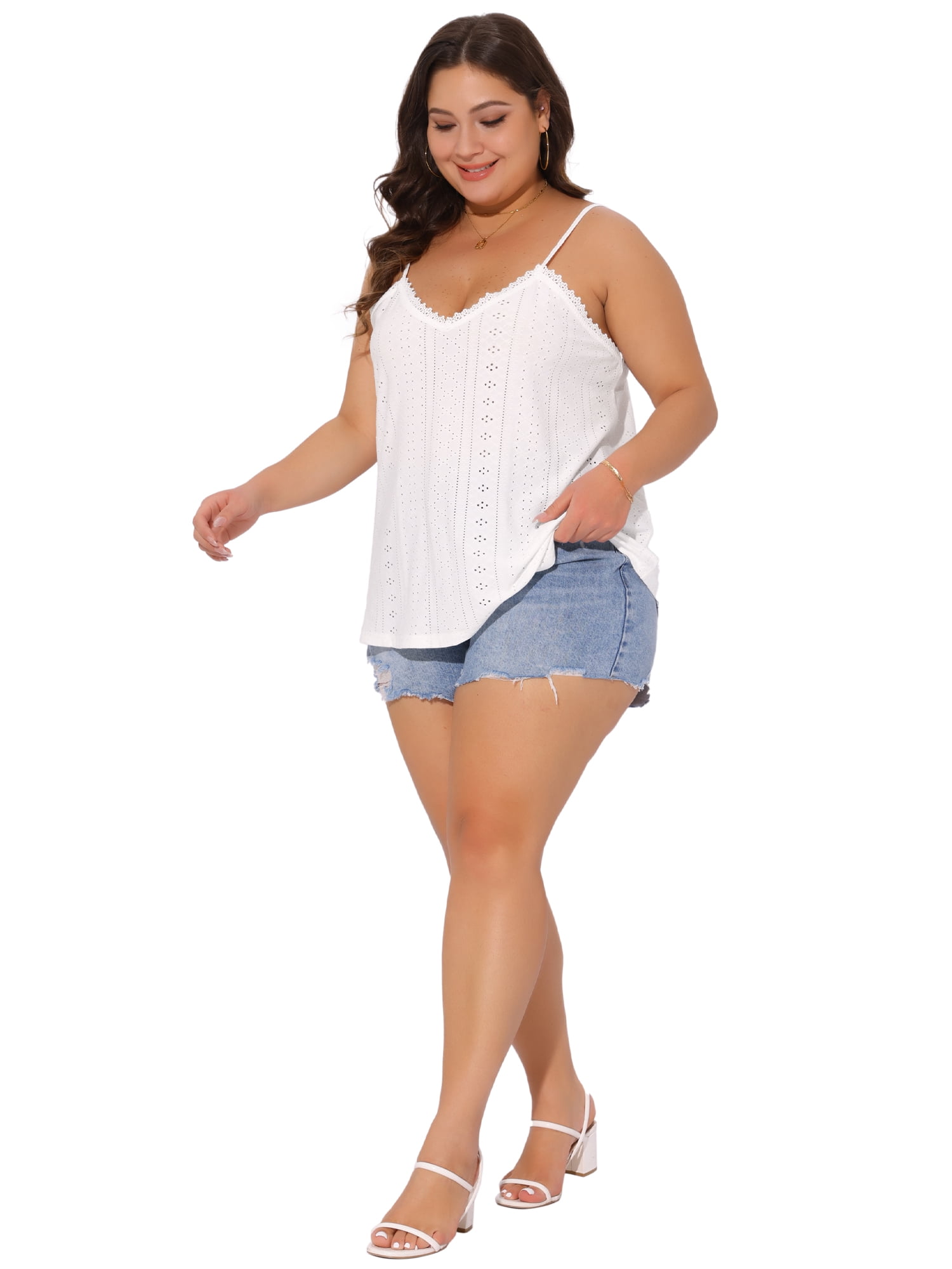 DARING DIVA Women's Plus Summer Eyelet Cami V Neck Casual Sleeveless Top 4X White