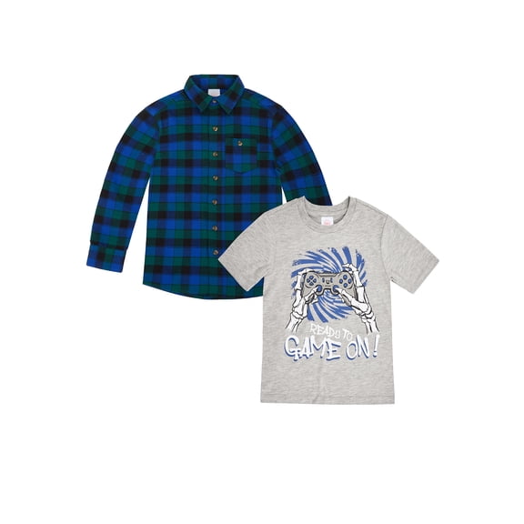 Wonder Nation Boys Flannel Shirt and Graphic Tee Set, 2-Piece, Sizes 4-18 & Husky